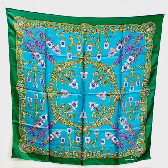Unused TRUSSARDI 100% SILK Lg SCARF 34" Teal Green Gold Glass Purple (40 - Picture 11 of 13
